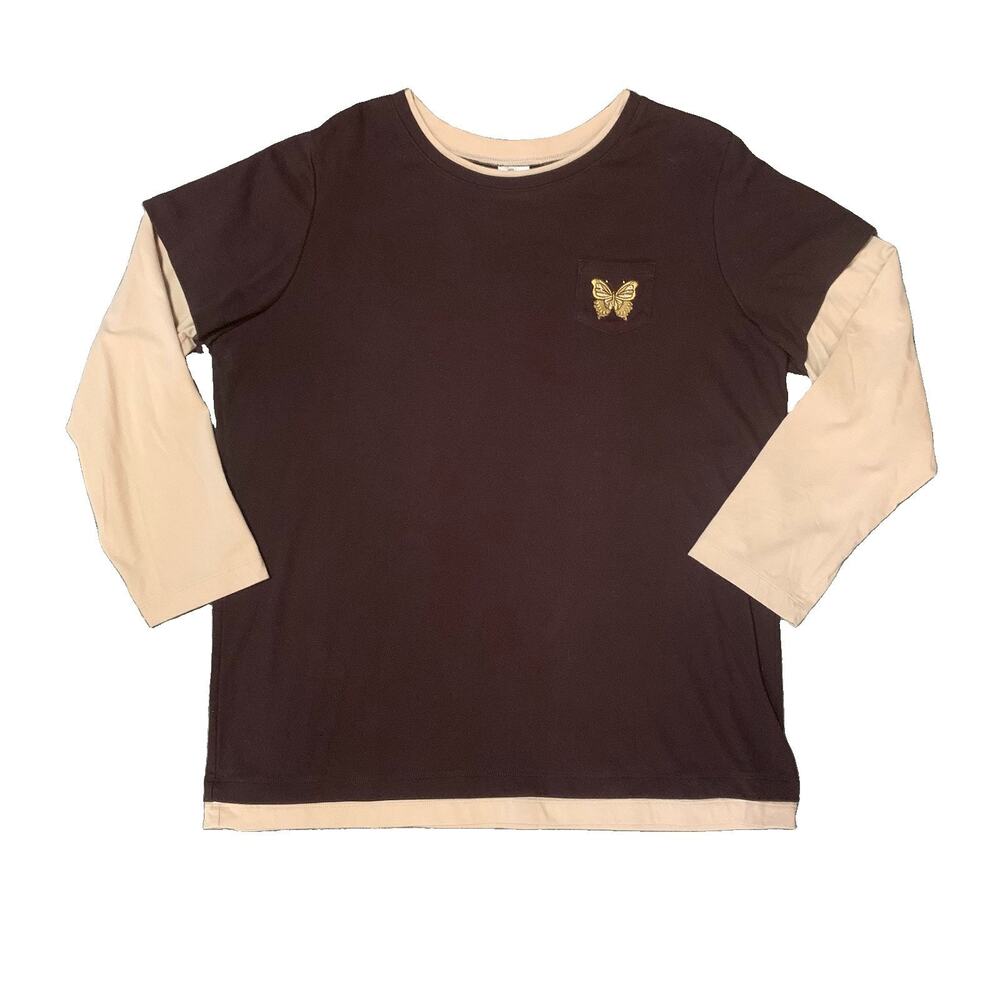 Fashion Bug Y2K Layered Butterfly T-Shirt Brown Tan Plus Size 18/20W Embroidered
